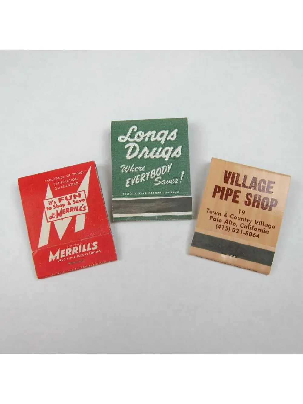 3 Vintage Matchbooks Merrill's Drug, Longs Drugs & Village Pipe Shop California